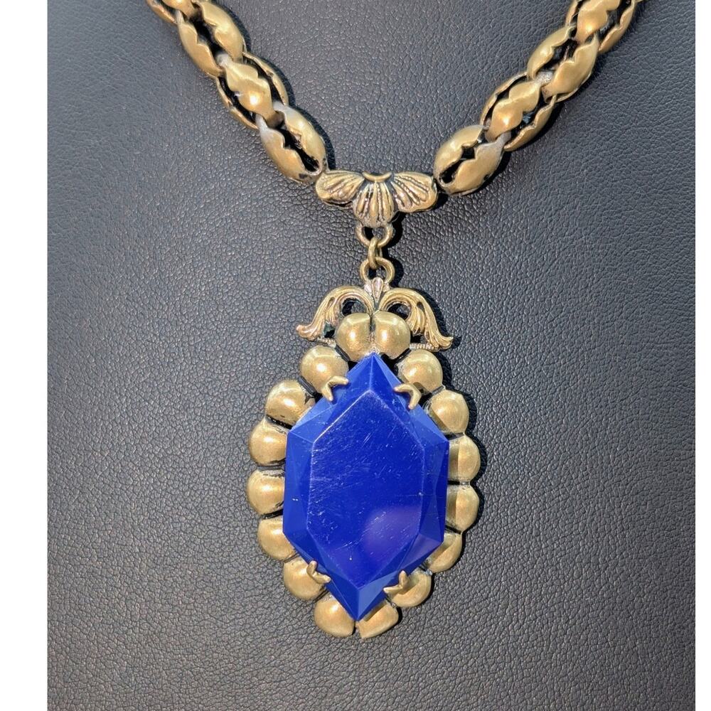 VTG/Antique Marked Czech Opaque Blue Pendant Muted Gold Tone Chain 16" Necklace - Picture 2 of 9